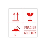Warnetiketten selbstklebend - 100 x 100 mm - weiß mit rotem Druck Fragile -Keep dry - Regenschirm - Kelch - Doppelpfeile nach oben - HILDE24 Verpackungen