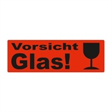 Warnetiketten selbstklebend - 150 x 50 mm - leuchtrot mit schwarzem Druck Vorsicht Glas und Symbol Kelch - HILDE24 Verpackungen