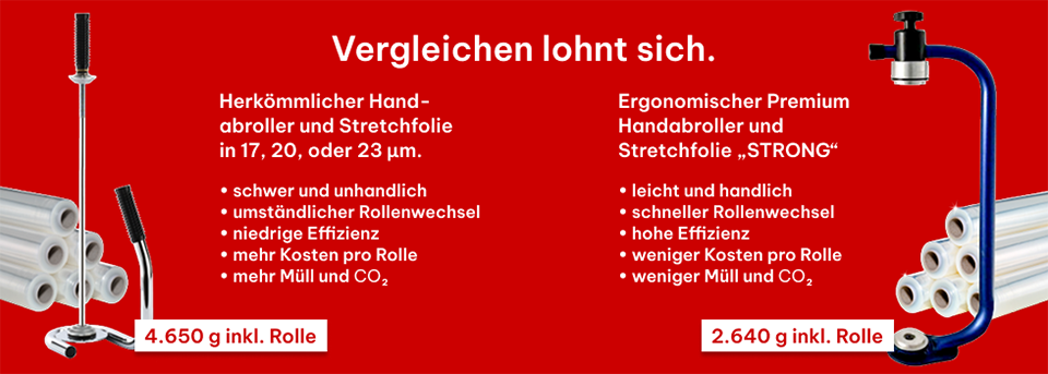 Vergleich der Handstretchfolie STRONG mit herkömmlicher Stretchfolie