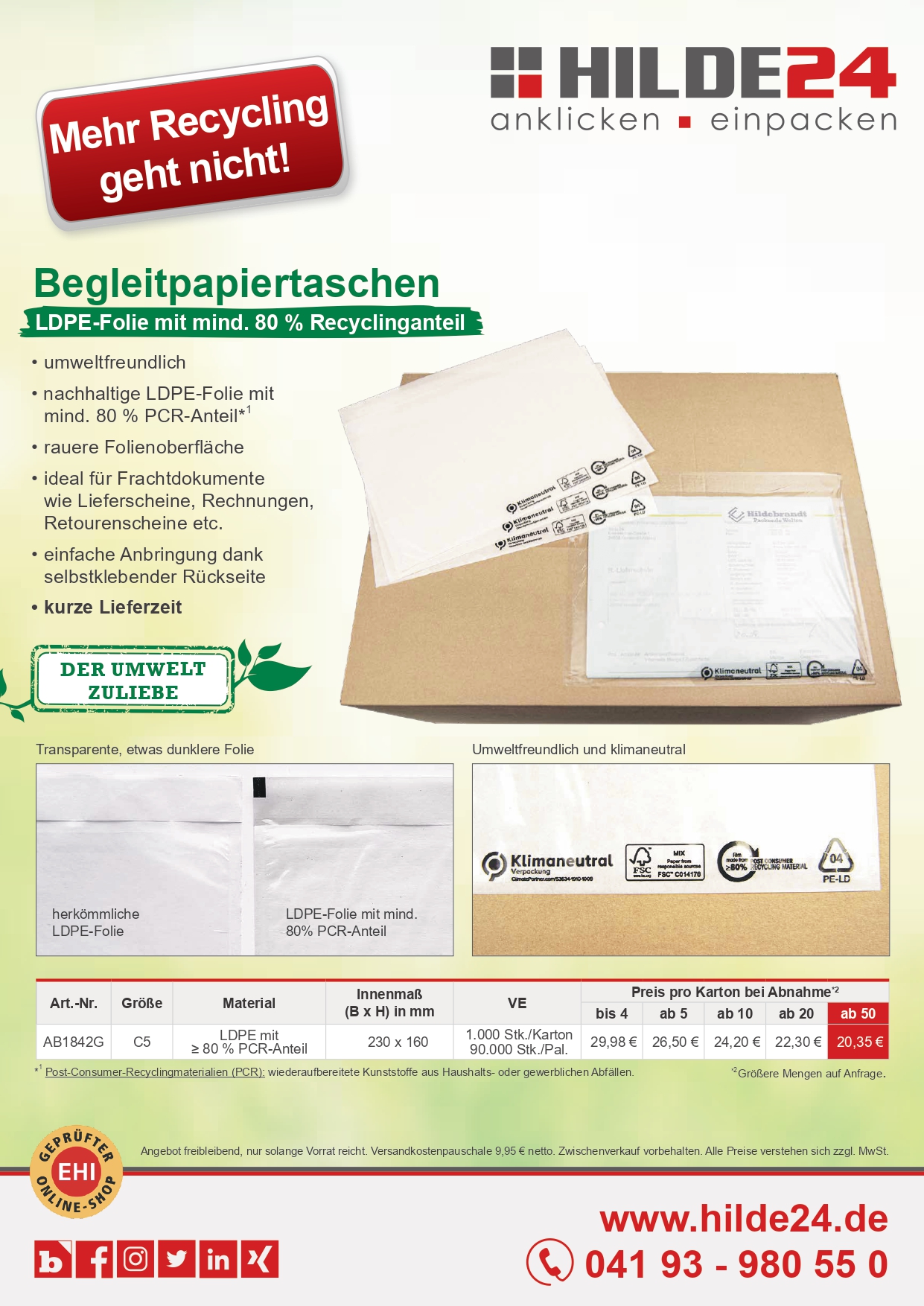 HILDE24 | Produktflyer Begleitpapiertaschen: LDPE-Folie mit mind. 80 % Recyclinganteil